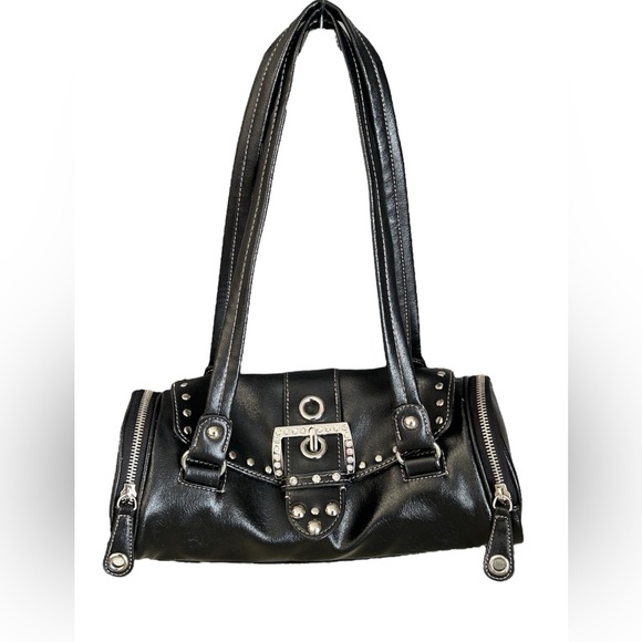 Kathy Van Zeeland Y2K Black Tootsie Roll Purse Satchel Side Zip Rhinestone - Picture 2 of 16